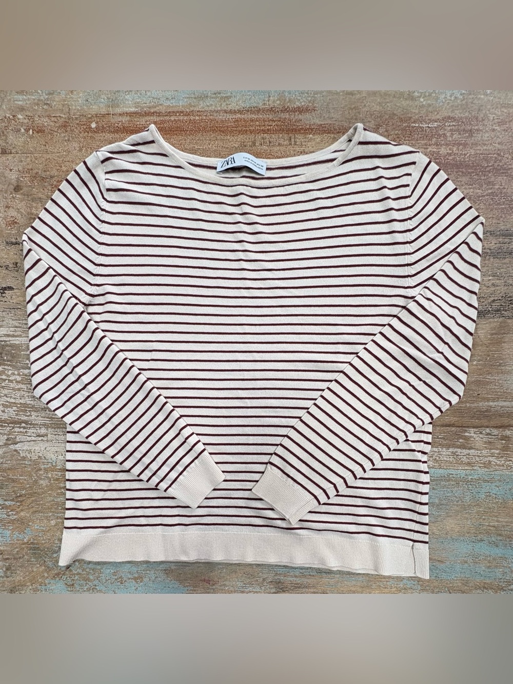 Zara Cream & Burgundy Boat Neck Striped Knit Top